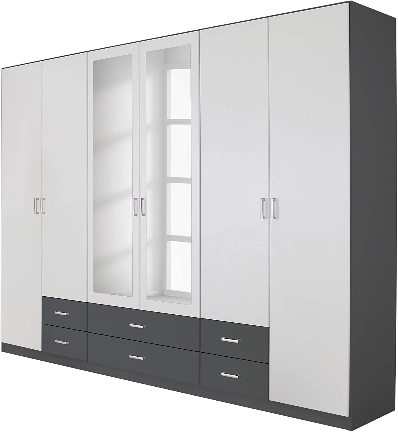 Möbel Spiegel Schrank Grau Metallic Weiß 271 x 210cm Kleiderschrank Drehtürenschrank 6-türig