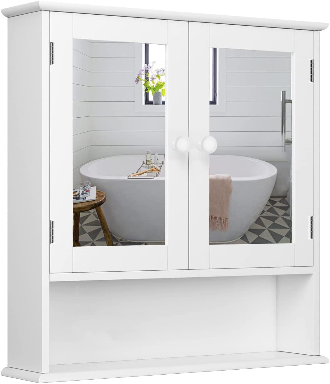 Spiegelschrank aus Holz Hängeschrank mit 2 Drehtüren Landhaus Badezimmerschrank mit Spiegel Badspiegelschrank Ablage für Bad, Gäste-WC Weiß 58x56x13cm