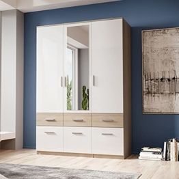 Eleganter Kleiderschrank mit Spiegel & Schubladen Drehtürenschrank in Sonoma Eiche Optik, Weiß 135 x 198 x 55 cm (B/H/T)