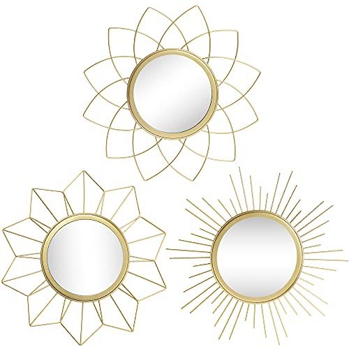 Goldene Spiegel Sonne Wanddekoration 3er Set Wandspiegel für Haus & Zimmer Dekor, Metallspiegel für Wohnzimmer