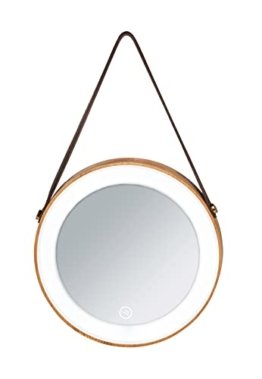 LED-Wandspiegel mit Riemen formschöner runder Kosmetikspiegel aus Bambus mit dimmbarer LED-Beleuchtung, praktischer Riemen zur Aufhängung an der Wand aus braunem Kunstleder, Ø 20,5 x 2,6 cm, Braun