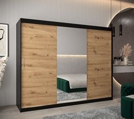 Moderner großer Schwebetürenschrank 250 cm mit Spiegel Kleiderschrank Schlafzimmer Schiebetüren Modern Design Schwarz + Artisan Eiche