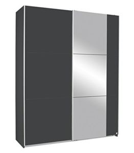 Moderner Kleiderschrank Grau Metallic Schwebetürenschrank 2-türig mit Spiegel Kleiderstangen Einlegeböden BxHxT 175x210x59 cm