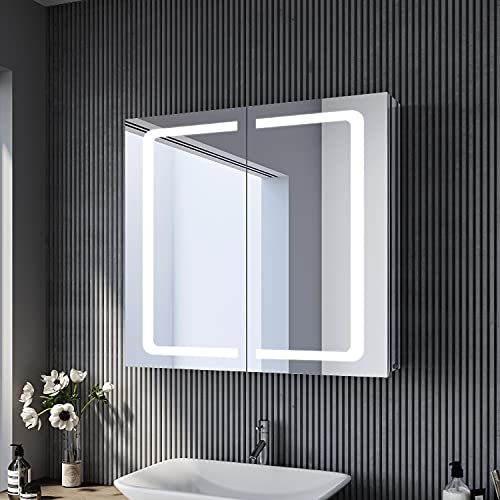 Moderner LED Spiegelschrank mit Beleuchtung 70x65 cm Edelstahl Badezimmer Bad Spiegel Steckdose Spiegelschrank Kippschalter Design
