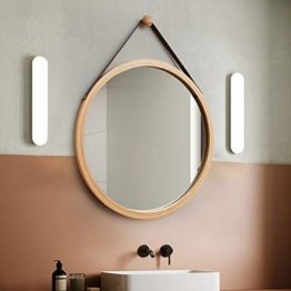 Riemen Spiegel rund für Badezimmer, rund, 45 cm, Spiegel, Dekoration, Holz, mit Holzrahmen mit Haken Schlafzimmer oder Ankleidezimmer