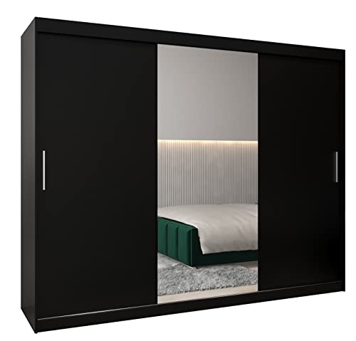 Schwebetürenschrank 250 cm mit Spiegel Kleiderschrank mit Kleiderstange und Einlegeboden Schlafzimmer- Wohnzimmerschrank Schiebetüren Modern Design (Schwarz)