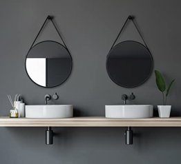 Spiegel rund Ø 50 cm – runder Wandspiegel in matt schwarz Badspiegel rund mit hochwertigen Aluminiumrahmen – Badezimmerspiegel Lederoptik