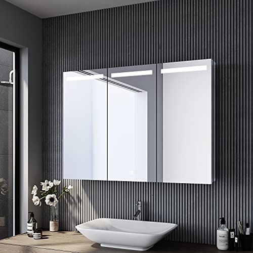 Spiegelschrank Bad mit Beleuchtung 90 x 65 cm Edelstahl Badezimmer Spiegelschrank mit Steckdose und Touch 3 türig LED Badspiegel Schrank