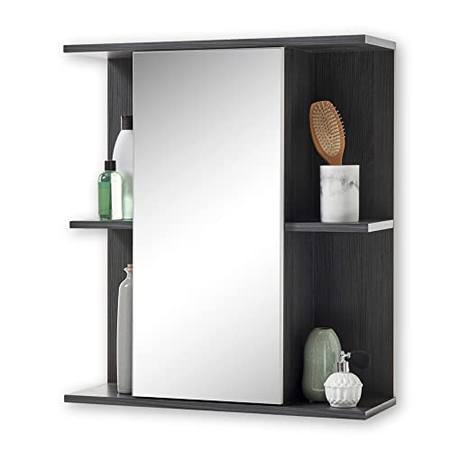 Spiegelschrank Bad mit LED-Beleuchtung Weiß Hochglanz Pinie Grau Badezimmerspiegel Schrank viel Stauraum - 60 x 68 x 20 cm