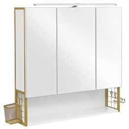 Spiegelschrank modern Weiß-Gold Bad mit Beleuchtung Badezimmerschrank Badschrank Wandschrank Regale 3 Türen