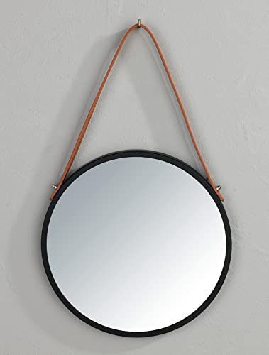 Wandspiegel runder Spiegel mit schwarzem Metall-Rahmen und Aufhänge-Gurt, Dekospiegel im Vintage Design, Glas /Metall, Ø 30 cm, Schwarz