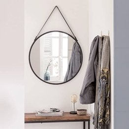 Wandspiegel - Spiegel Rund Barbier - Dekospiegel mit Riemen - Ø 55cm - Schwarzes Metall - Hängespiegel rund - Design Wandspiegel