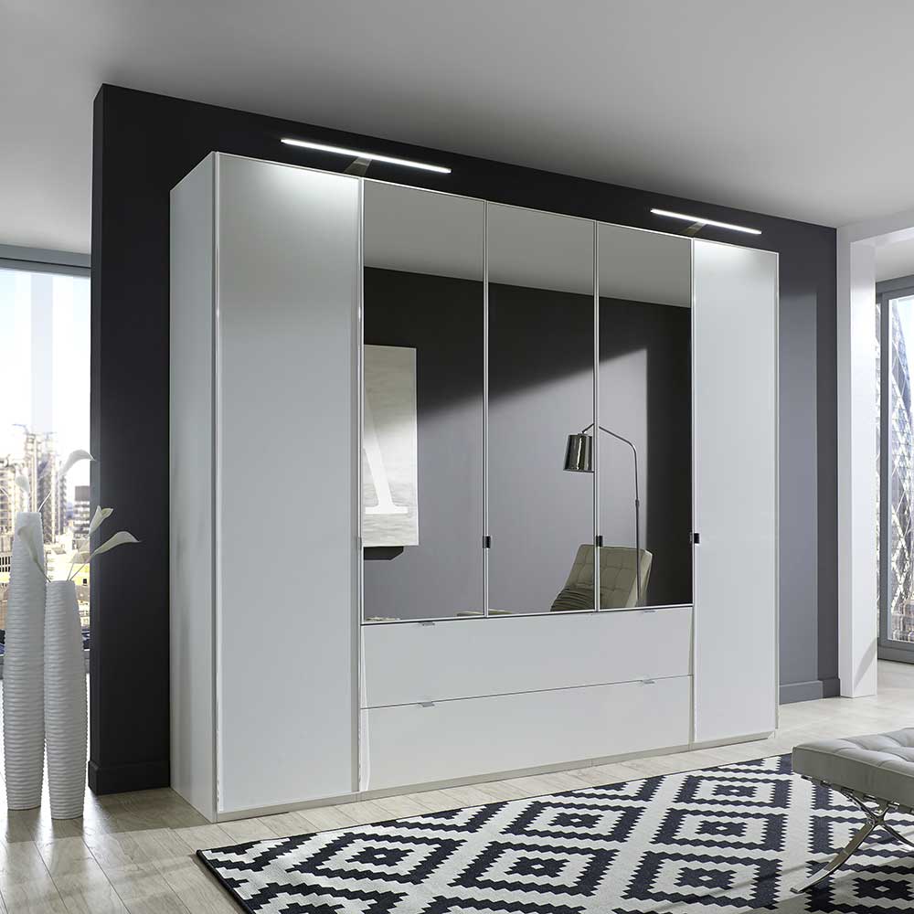 Spiegel Kleiderschrank in Weiß 250 cm breit Großer Schlafzimmerschrank mit Spiegeltüren und eleganten LED Licht