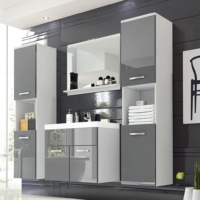 Badmöbel Set mit Hängeschrank Spiegel mit Regal I Waschbecken Weiß Matt und Grau Hochglanz