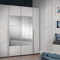 Moderner weißer Kleiderschrank mit Spiegel, Schwebetürenschrank mit Drehtüren, Weiß Matt 200 cm x 210 cm