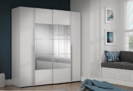 Moderner weißer Kleiderschrank mit Spiegel, Schwebetürenschrank mit Drehtüren, Weiß Matt 200 cm x 210 cm