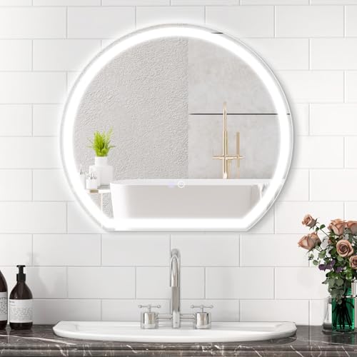Badspiegel mit Beleuchtung, Wandspiegel Halbrund 60 x 54 cm, LED Badezimmerspiegel mit Touchschalter