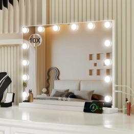 **Hollywood Schminkspiegel mit Beleuchtung – Perfekte Ausleuchtung für Ihr Make-up**    Der **Schminkspiegel mit 14 LED-Lampen** vereint modernes Design mit erstklassiger Funktionalität. Mit **drei Lichtmodi**, **stufenloser Dimmfunktion** und einer **intelligenten Touchscreen-Bedienung** bietet er das perfekte Schminkerlebnis für jede Umgebung.    ### **Produktdetails:**   ✔ **Maße:** 50 x 43 cm – ideal für Schminktisch oder Wandmontage   ✔ **Material:** Hochwertiger Rahmen mit kratzfester Spiegeloberfläche   ✔ **Design:** Eleganter Hollywood-Stil für ein luxuriöses Ambiente    ### **Hauptmerkmale & Vorteile:**   ✔ **3 Lichttemperaturen & Dimmfunktion** – Warmweiß, Kaltweiß & Tageslicht für perfekte Beleuchtung   ✔ **Intelligente Speicherfunktion** – Merkt sich die letzte Licht- & Helligkeitseinstellung   ✔ **Touchscreen-Bedienung** – Einfache Steuerung per Fingertipp   ✔ **Flexibel einsetzbar** – **Tisch- oder Wandmontage** möglich   ✔ **10-fach Vergrößerungsspiegel** – Für präzises Augen-Make-up & Detailarbeiten   ✔ **CRI ≥ 95** – Farbgetreue Wiedergabe für einen natürlichen Hautton   ✔ **USB- & Type-C-Anschlüsse** – Ideal zum Aufladen von Geräten   ✔ **Inklusive EU-Netzadapter** – Praktisches 1,5 m langes Kabel    Mit seinem stilvollen Design und der hochwertigen LED-Technologie bringt dieser **Hollywood-Schminkspiegel** professionelle Lichtverhältnisse in Ihr Zuhause – perfekt für Make-up, Hautpflege und Styling!