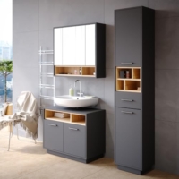 Modernes Badmöbel-Set Anthrazit/Sonoma mit Hochschrank dunkles Bad Möbel Set mit Spiegelschrank