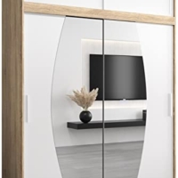 Schicker Schlafzimmerschrank mit Zwei Schiebetüren, Spiegel, Kleiderstange 180x240x62cm Sonoma – Mattweiß
