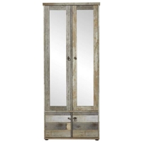Vintage Garderobenschrank in Driftwood Optik – Retro Flurgarderoben Schrank mit zwei Spiegeltüren 78 x 188 x 40 cm